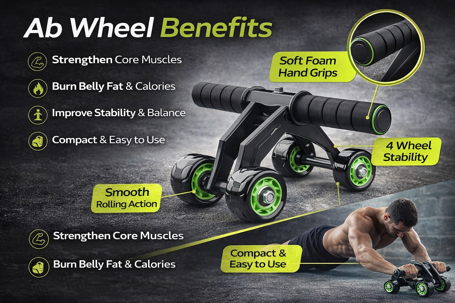 Coreposture Ab Wheel Roller for Abs | Home Gym Equipment | 4 Wheel Stability